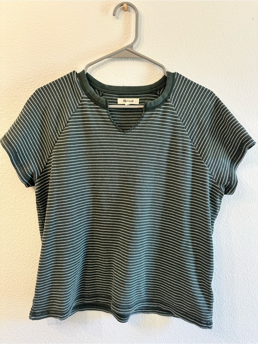 Madewell Green and White Stripe Splitneck Tee